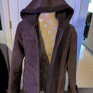 Jones New York women's brown faux suede sherpa lined hooded jacket /coat, sz med